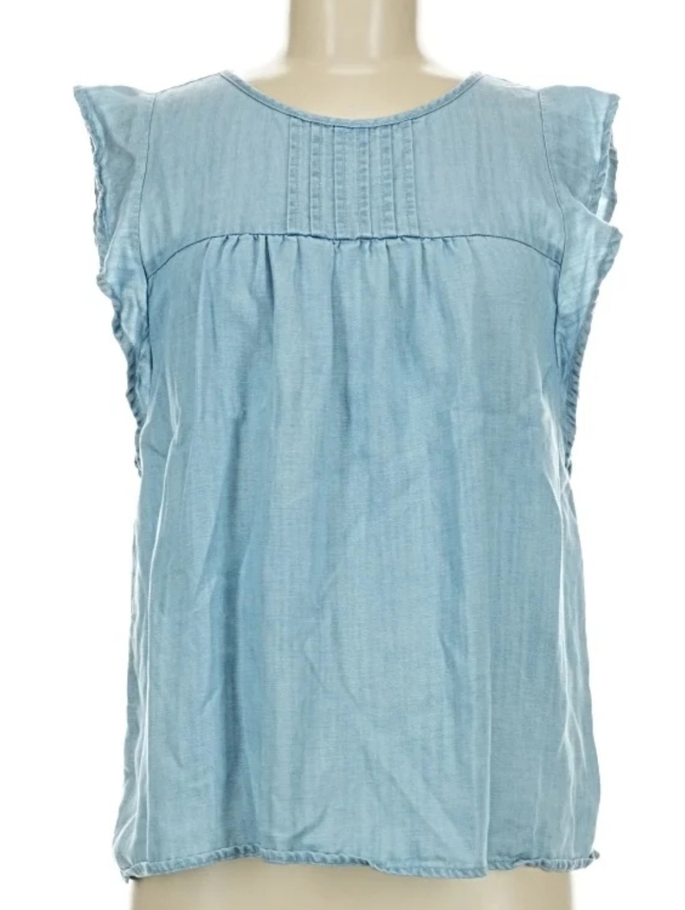 LOFT Light Blue Chambray Pintuck Ruffle Sleeve Blouse